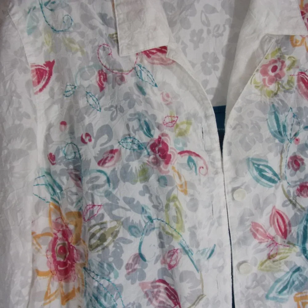 Koret Summer Top Blouse Button Front Size Petite XL White Rose Teal